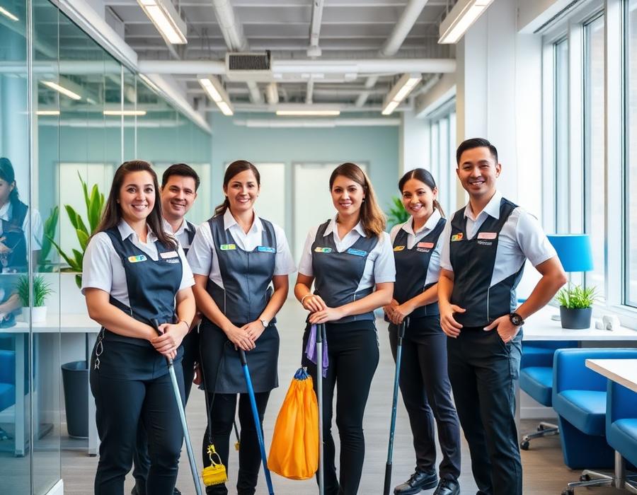 Professional cleaning team in a bright modern office