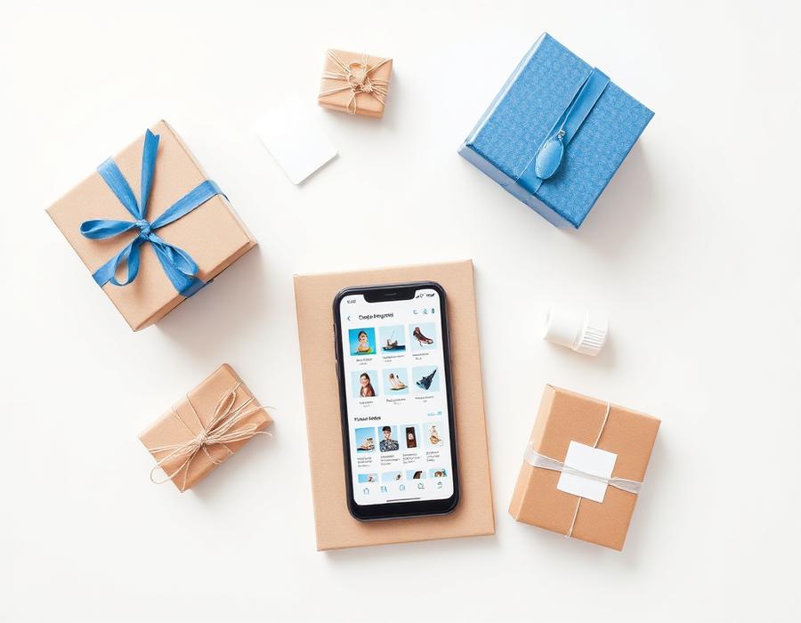 E-commerce packaging flatlay with a phone showing an online store